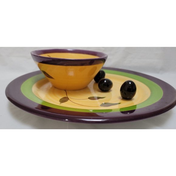 Vintage Cali Ceramic Pottery Serving Plate w/ Attached Bowl  - Olive Design - 1B - Picture 9 of 14